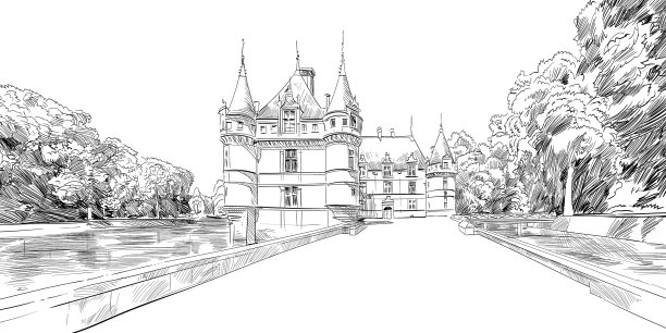 城堡azay-le-rideau法国手绘素描图片下载
