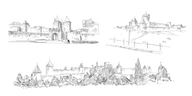 法国卡尔卡松要塞手绘素描图片下载