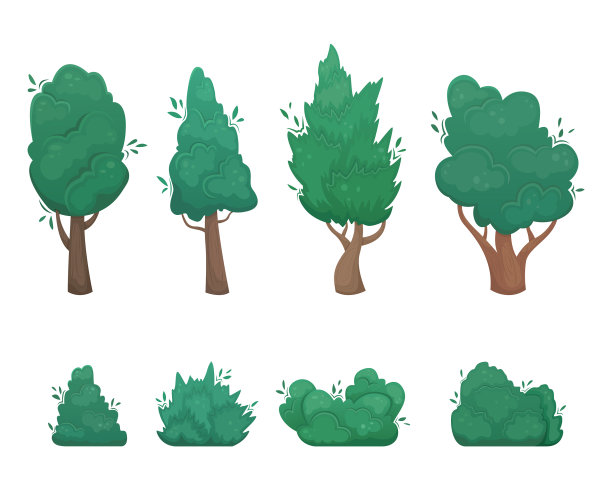 在卡通风格a中设置8棵扁平的树和灌木图片下载