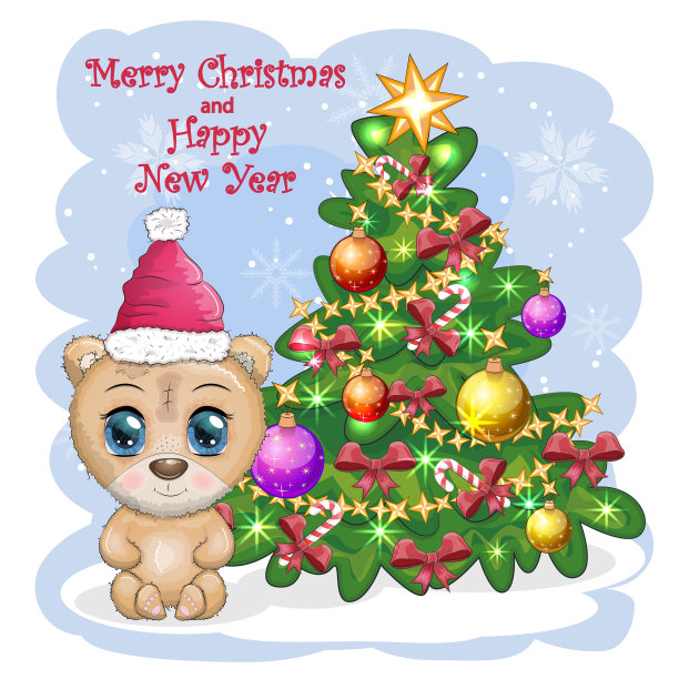 可爱的大眼睛卡通熊在圣诞节图片下载