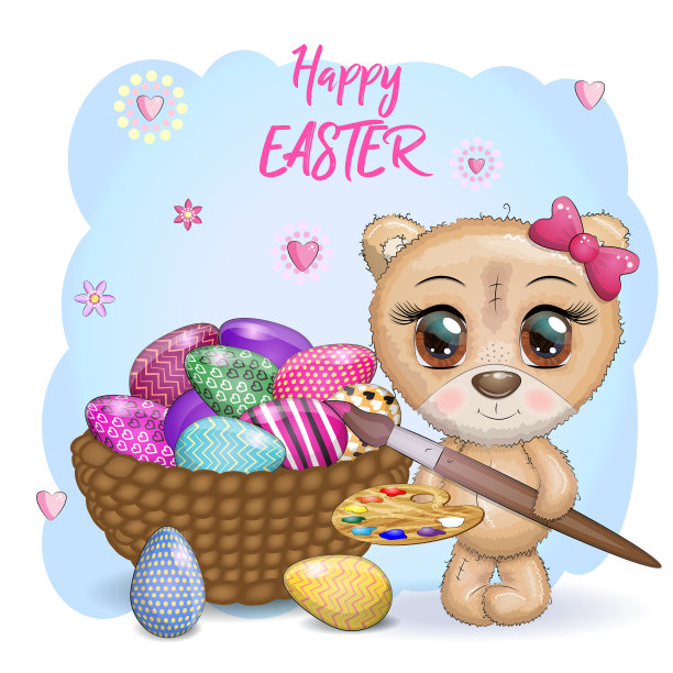 带着刷子和华丽彩蛋的可爱小熊图片下载