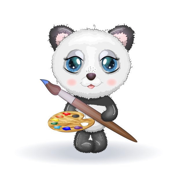 滑稽的卡通小熊猫拿着画笔图片下载