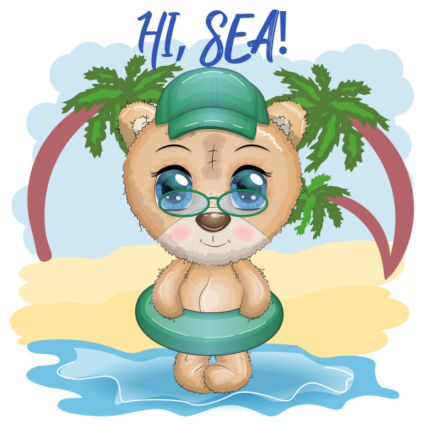 可爱的卡通熊与大眼睛在游泳图片下载