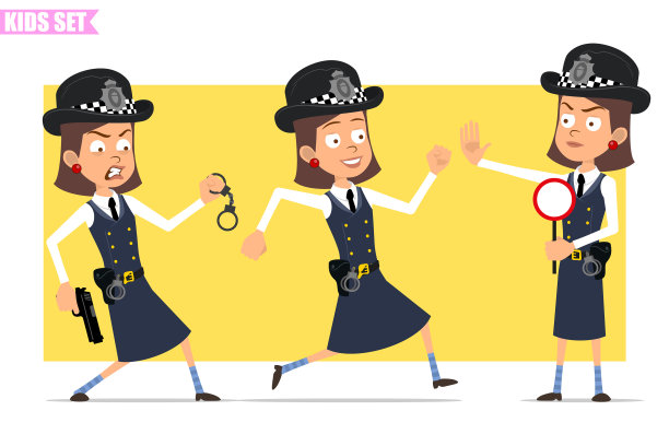卡通有趣的英国警察女孩角色设置图片下载