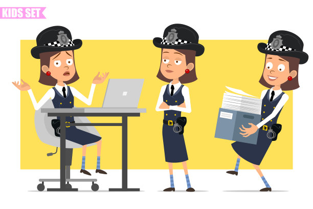 卡通有趣的英国警察女孩角色设置图片下载