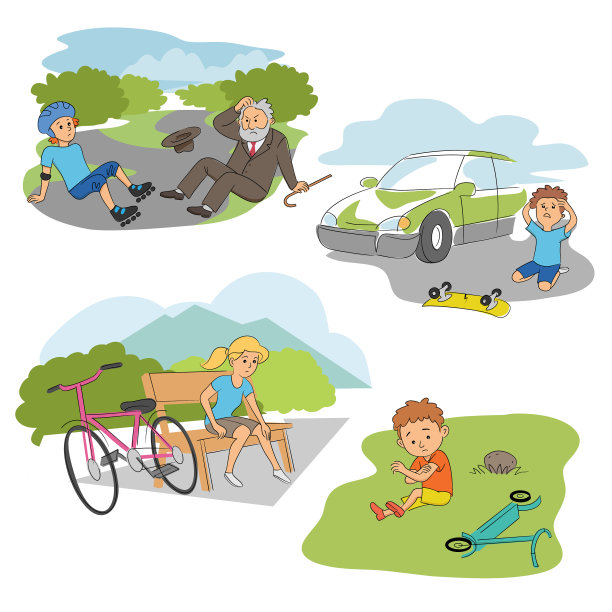 事故与孩子的道路上的人场景平设置图片下载