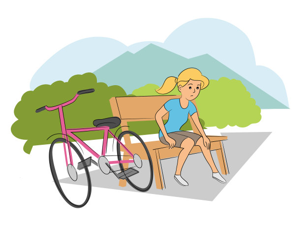 骑自行车的女孩受伤的腿坐在长椅上图片下载