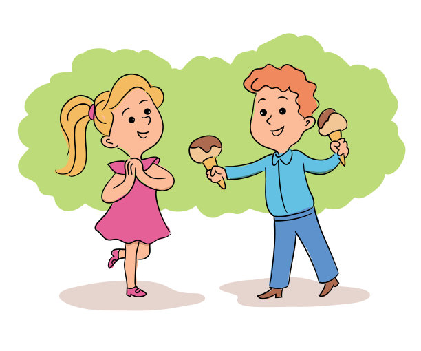 小男孩用冰淇淋招待兴奋的女孩图片下载