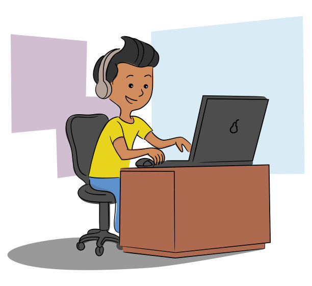 小男孩戴着耳机玩电脑游戏图片下载