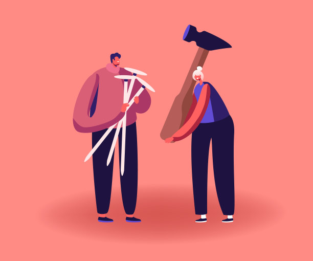 小男性和女性角色拿着巨大的钉子和锤子修理鞋子，修理破碎的东西。制鞋企业服务图片下载