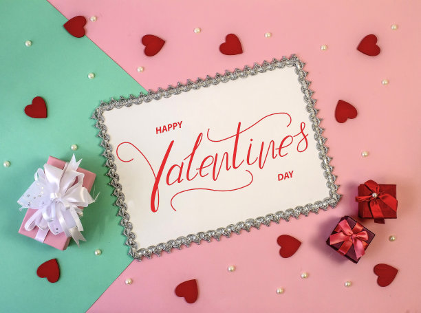 情人节快乐!卡片，在线横幅，贺卡，平躺在情人节，在粉红色的背景图片下载