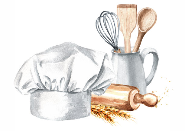 厨房糕点概念与厨师帽和木制擀面杖。手绘水彩插图，孤立的白色背景图片下载