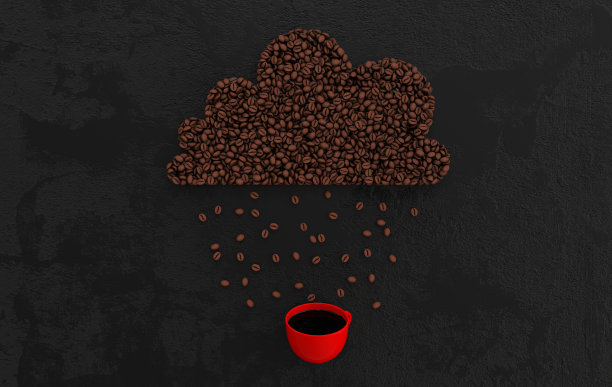 一杯咖啡和逼真的咖啡豆云雨，3d渲染背景。大量的咖啡豆靠近。图片下载