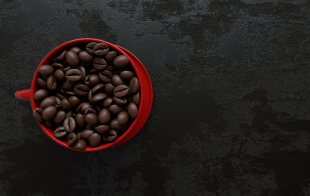 咖啡杯和逼真的咖啡豆平铺，3d渲染背景。大量的咖啡豆靠近。图片下载