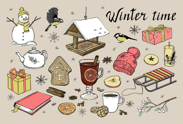 一组冬季元素:雪人，雪橇，热葡萄酒，喂鸟器，饼干，姜屋，蜡烛和槲寄生。手绘矢量插图圣诞节或新年。图片下载