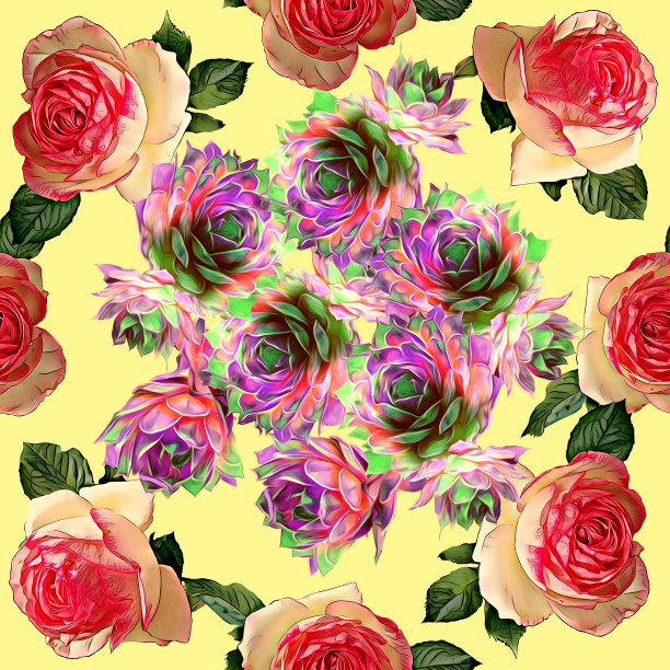 玫瑰花架配仙人掌，图案无缝。图片下载