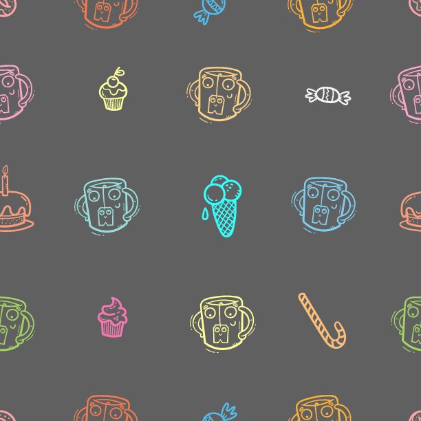 无缝图案与可爱的杯子和糖果在黑暗的背景。墙纸上有杯子和茶包。tastydrink菜肴搭配。卡通涂鸦打印。图片下载