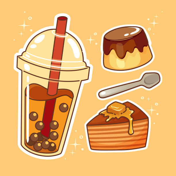 饮料和甜品。手绘集。素材图片