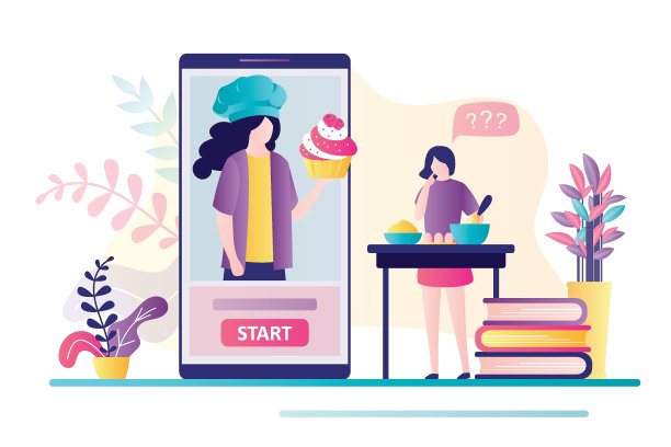 女主人公通过在线课程学习烹饪。糕点师与纸杯蛋糕在智能手机屏幕上。女人烘焙教程视频图片下载