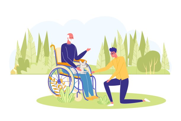 一个有残疾祖父的人在公园散步。图片下载