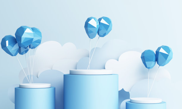 气球纸艺术风格和产品架与蓝色蜡笔天空背景3d渲染图片下载