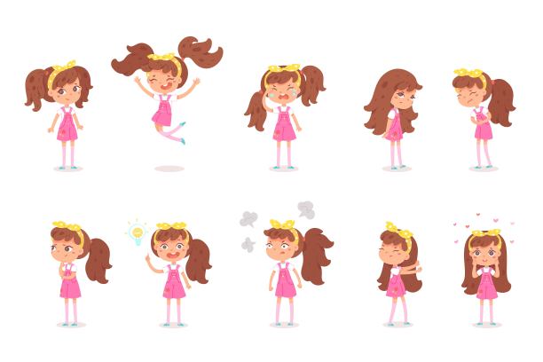 可爱的女孩手势和情绪设置。孩子生气、快乐、哭泣、悲伤、争吵、思考、疑惑、恋爱、头脑风暴。矢量人物插图捆绑不同类型的情绪行为。图片下载