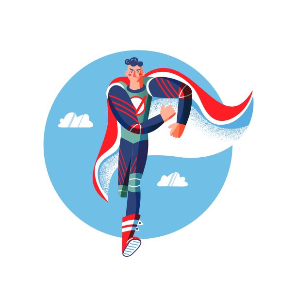 超级英雄穿着戏服跑步。有角矢量图的人。在蓝天背景下摆姿势的卡通人物。勇敢的男孩匆忙去救人图片下载