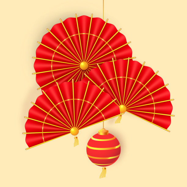 东方节日农历新年。挂纸灯笼、纸扇、传统红伞。东方节日农历新年的装饰。图片下载