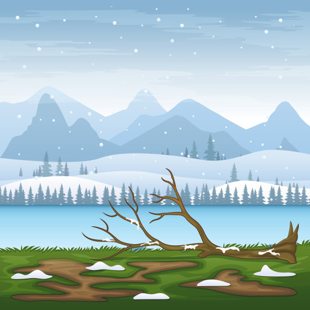 冬天的雪景与倒下的树在河边图片下载