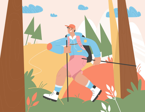 微笑的男人在树林或森林里拄着棍子走路图片下载