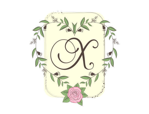 优雅的大写字母X与花框架，叶和玫瑰。书法的字母表。手绘组成的花。植物模板设计元素的邀请，婚礼，贺卡图片下载
