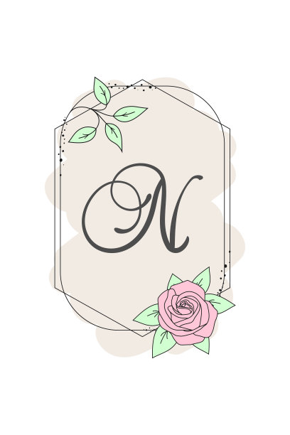 优雅的首字母N和玫瑰花。图形的字母表。植物的字母字体标志或图标。印刷元素设计的徽章，标签，问候或婚礼贺卡，装饰的想法。图片下载