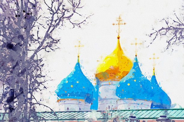 水彩画三一拉夫拉的世界遗产在sergiyev Posad，俄罗斯。图片下载