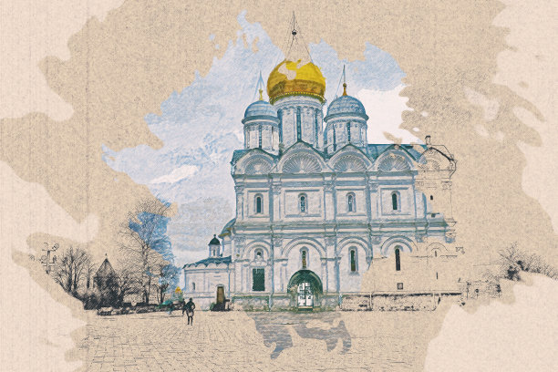在俄罗斯莫斯科大教堂广场上用彩色铅笔画报喜大教堂。图片下载