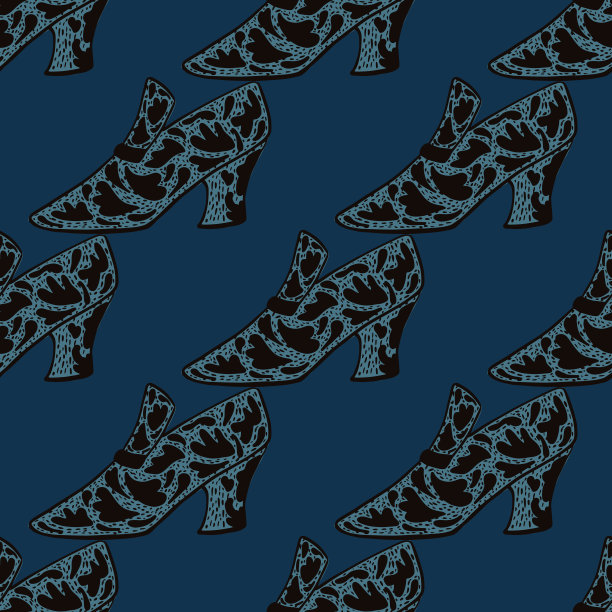 深色无缝模式与皮革妇女鞋的形状。海军蓝色背景。图片下载