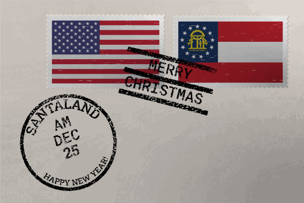 邮票信封格鲁吉亚和美国国旗，圣诞和新年邮票，矢量图片下载