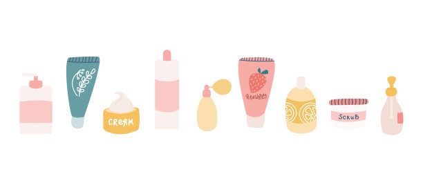 一套天然化妆品:洗发水，凝胶，面霜，磨砂膏，荧光粉，香水。白色背景上的矢量图像图片下载
