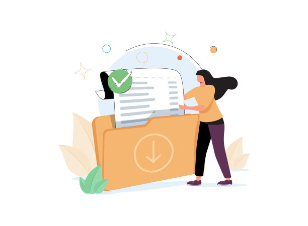 女人拿着文件夹和文件。文件下载、数据存储、云计算服务、数字信息的概念图片下载