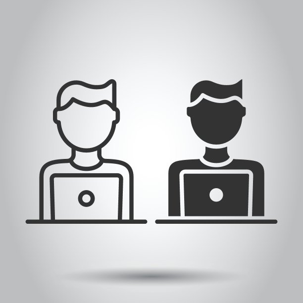 人们的笔记本电脑图标在平面风格。Pc用户矢量插图白色孤立的背景。办公室经理经营理念。图片下载