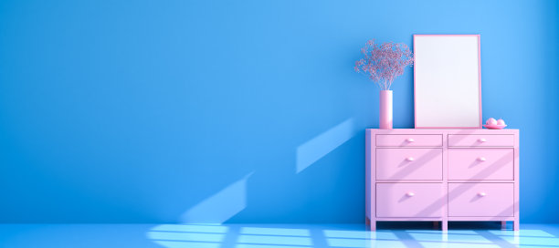 餐具柜上的空相框模型。花和一个上面有梨子的盘子。人工单色/ duochromatic看。网页横幅大小与复制空间- 3d渲染图片下载