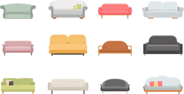 沙发和沙发家具平面图标设置卡通图片下载