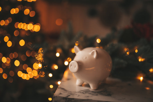 存钱罐在喜庆新年的气氛中风景如画。神奇的散景与圣诞树和明亮的灯。图片下载