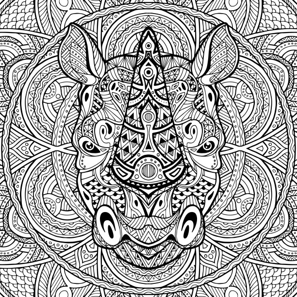 犀牛。犀牛。观赏动物头。犀牛头曾纠缠程式化，矢量插图，徒手铅笔，涂鸦，黑白，图案，手绘。禅宗艺术。手动绘图，模板。图片下载