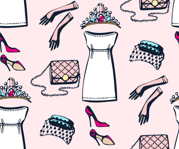 手绘矢量经典服装和配饰。手绘墨水插图。现代装饰装饰背景。矢量模式。印刷纺织品，布料，墙纸，剪贴簿图片下载