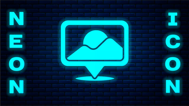 发光的霓虹灯地图钉图标孤立在砖墙上图片下载