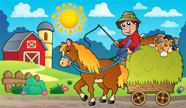 农用干草车靠近农场图片下载