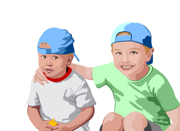 两个戴着蓝色帽子、穿着蓝色t恤的金发男孩微笑着图片下载