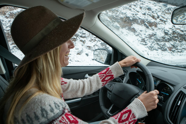 年轻女子在冬季驾车旅行的肖像图片下载