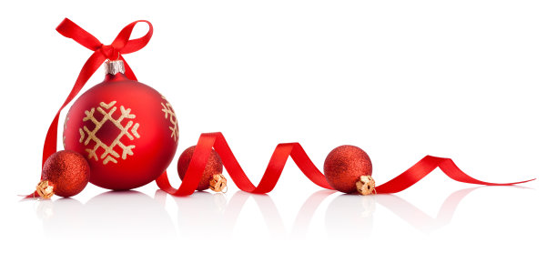 红色的圣诞装饰与丝带蝴蝶结孤立在白色的背景素材图片