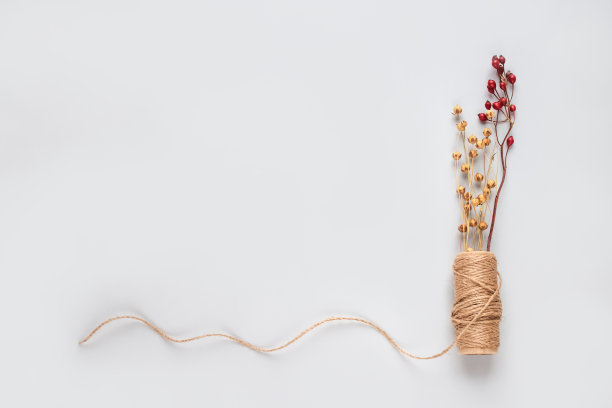 创造性的组成与天然黄麻麻线卷，亚麻或大麻，在灯光背景与copyspace文本或您的演示。手工生态包装理念，可持续生活方式图片下载